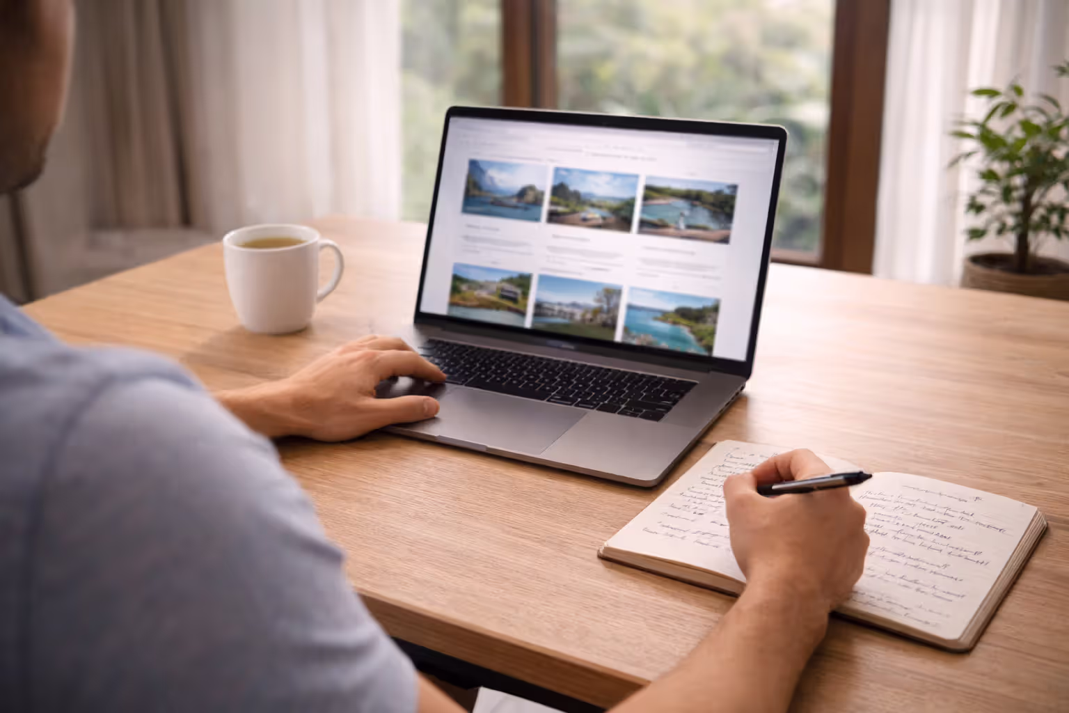 Person comparing luxury yoga retreat options on a laptop