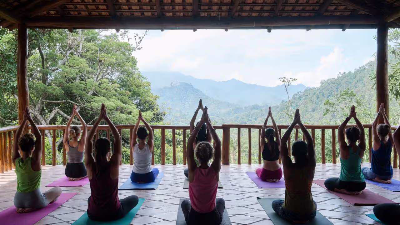 Yoga class at scenic retreat location overlooking mountains or tropical landscape