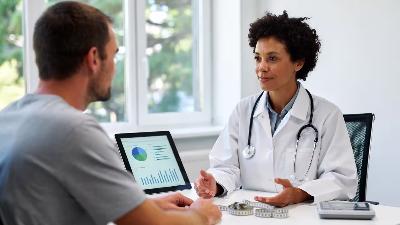 Physician conducting wellness consultation with guest in medical office
