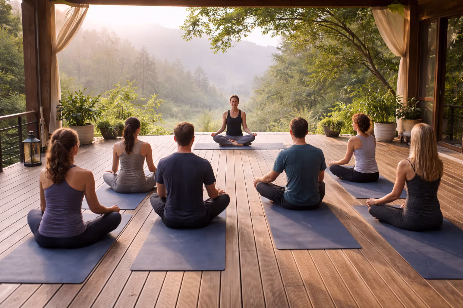 Small group practicing yoga on an outdoor terrace at a retreat, symbolizing a well-matched experience