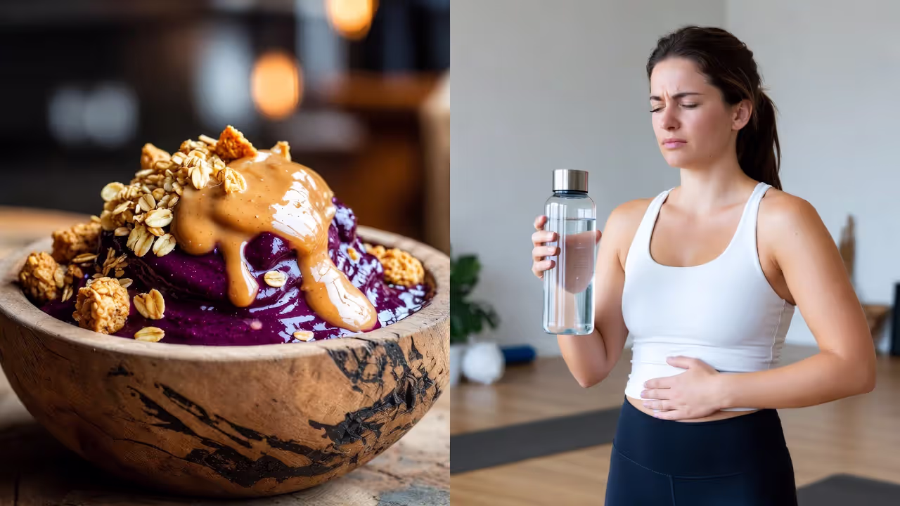 Large açaí bowl and person holding stomach, illustrating common yoga nutrition mistakes.