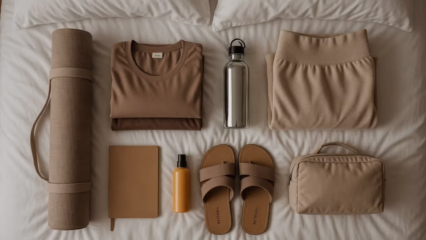 Yoga retreat packing essentials including mat, clothing, journal, and water bottle.