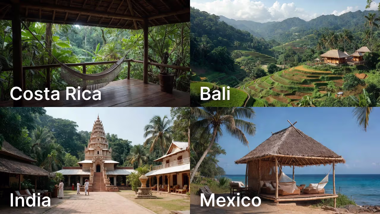 Collage showing typical yoga retreat settings in Costa Rica, Bali, India, and Mexico.