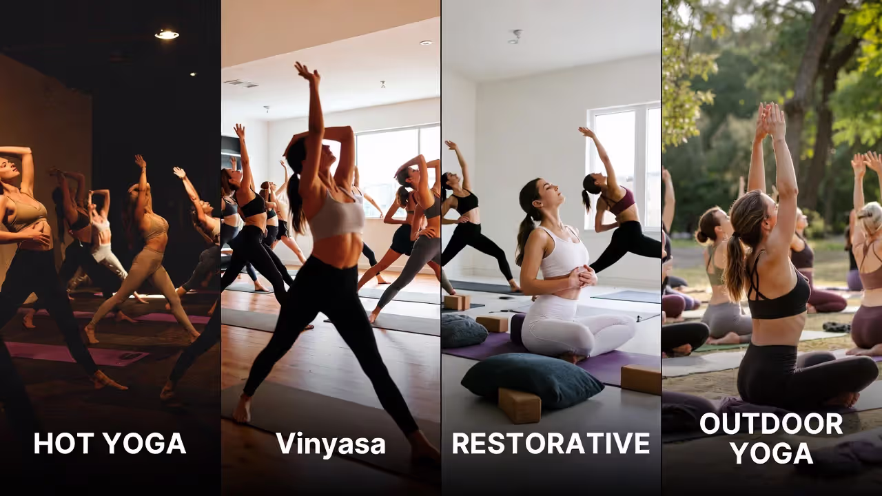 Outfit examples for hot yoga, vinyasa, restorative yoga, and outdoor yoga.