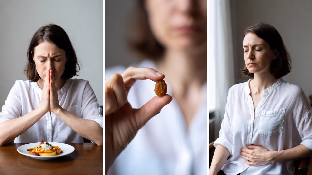 Three images showing pre-meal breathing, a raisin exercise, and a short hunger body scan.