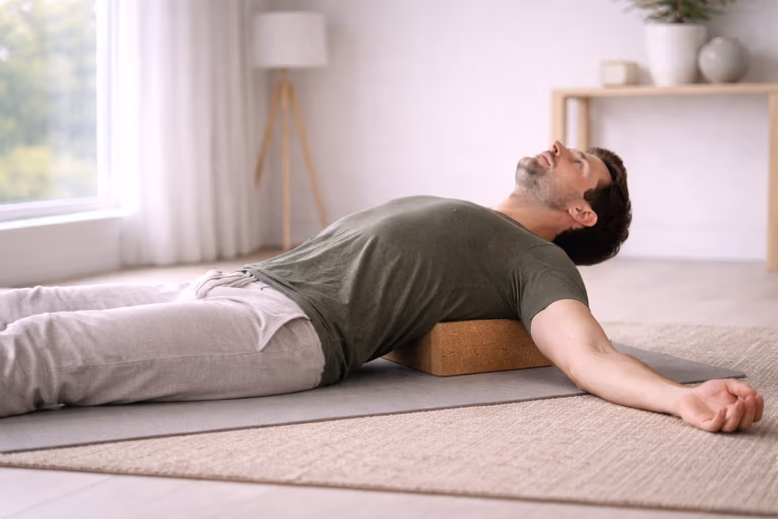 Adult performing Supported Fish pose with chest open on yoga block