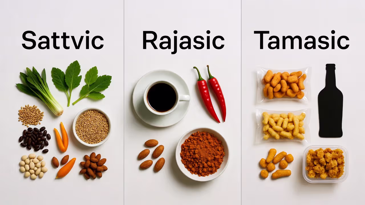 Three panels showing examples of sattvic, rajasic, and tamasic foods.