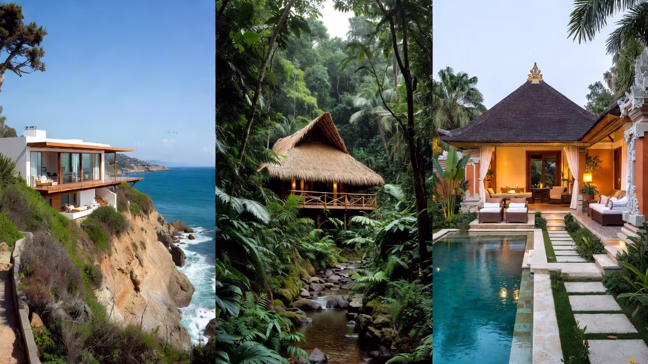 Examples of luxury yoga retreat destinations in California, Costa Rica, and Bali.