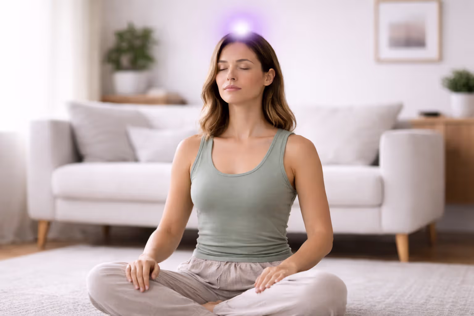 Person meditating with a soft violet glow above the crown of the head