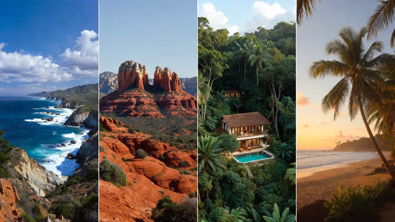 Popular yoga and meditation holiday destinations including Big Sur, Sedona, Bali, and Costa Rica.