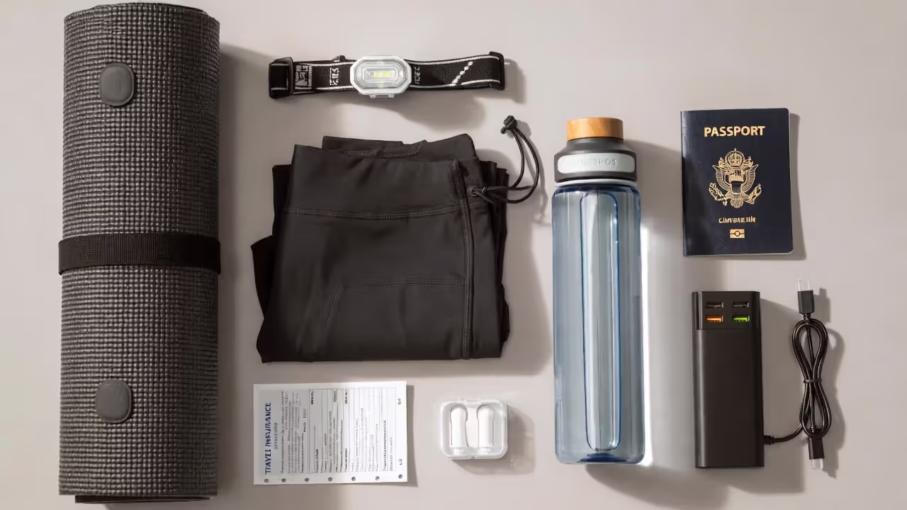 Essential packing items for yoga-focused travel.