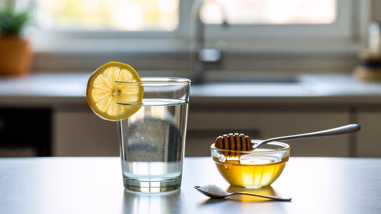 Homemade electrolyte drink with lemon, salt, and honey on a table